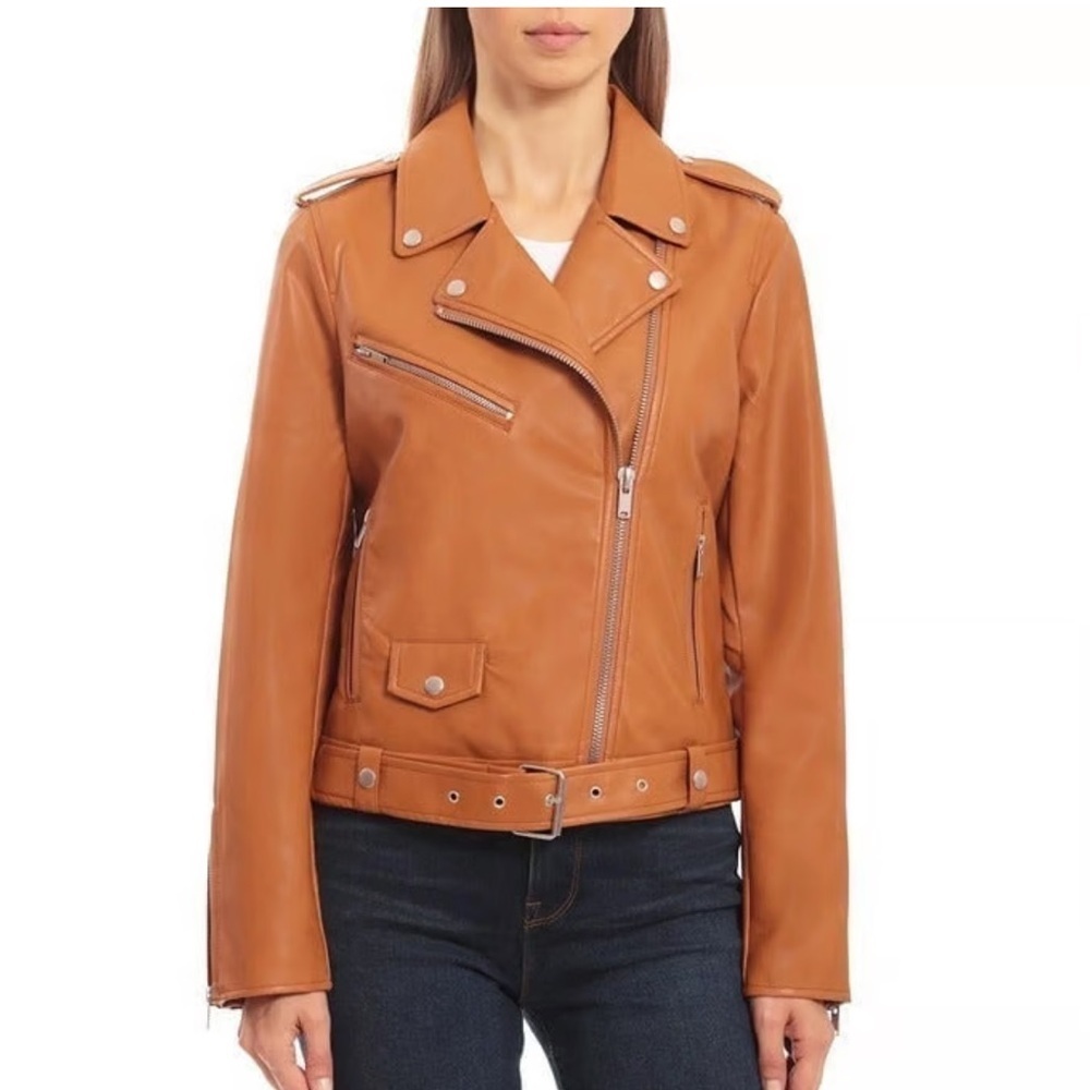 Avec Les Filles Tan Vegan Leather Belted Moto Jacket